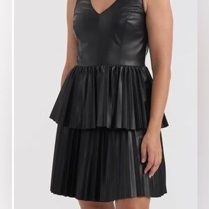 Vegan Leather Pleated Peplum Mini Dress - Black